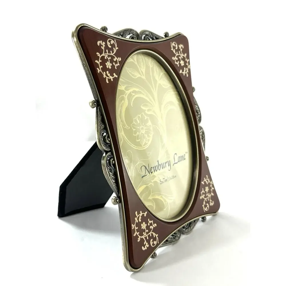 Newbury Lane Cast Pewter Picture Frame 5x7 Wood Look Inlay Ornate Scrollwork